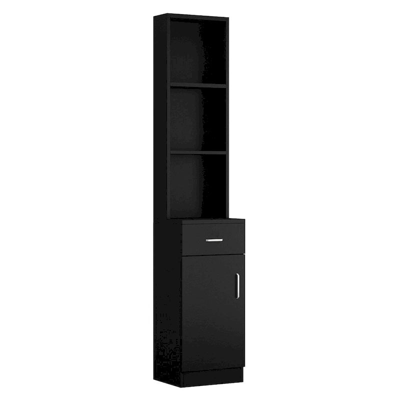 Meuble de rangement de salon en MDF noir avec étagères ouvertes, tiroir et porte verrouillables