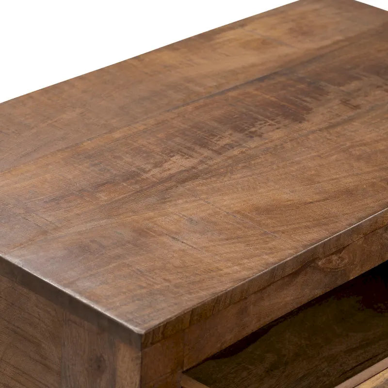 Commode de rangement à trois tiroirs en bois de manguier et peau de vache marron et blanche