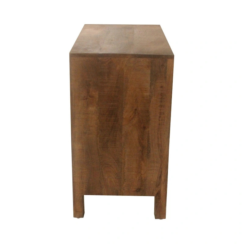 Commode de rangement à trois tiroirs en bois de manguier et peau de vache marron et blanche