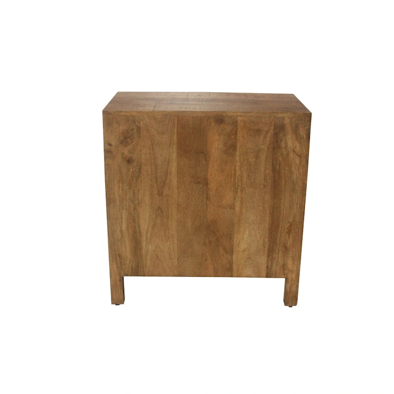 Commode de rangement à trois tiroirs en bois de manguier et peau de vache marron et blanche