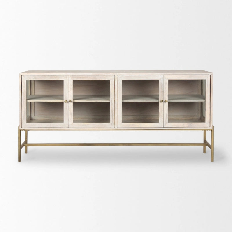 Buffet en bois massif blanchi avec base en fer doré et portes vitrées