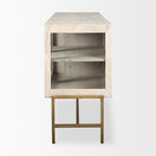 Buffet en bois massif blanchi avec base en fer doré et portes vitrées