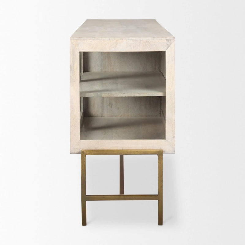 Buffet en bois massif blanchi avec base en fer doré et portes vitrées