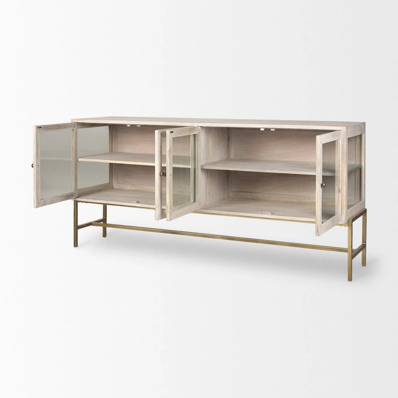 Buffet en bois massif blanchi avec base en fer doré et portes vitrées