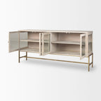 Buffet en bois massif blanchi avec base en fer doré et portes vitrées