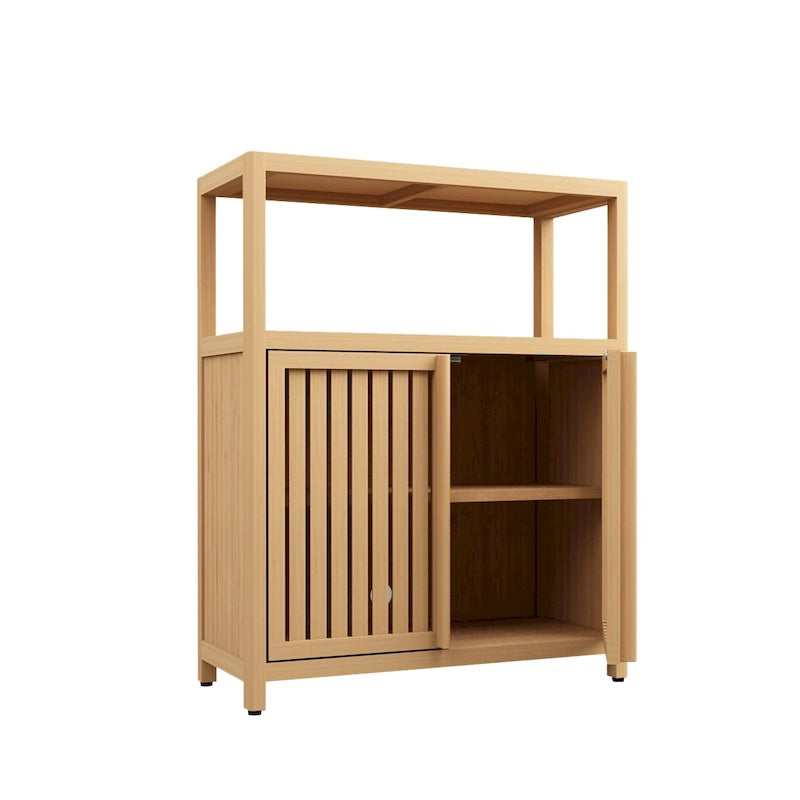 Meuble de rangement en bambou naturel avec étagère ouverte et portes coulissantes