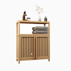 Meuble de rangement en bambou naturel avec étagère ouverte et portes coulissantes