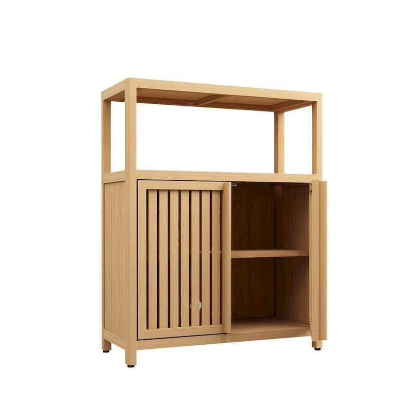 Meuble de rangement en bambou naturel avec étagère ouverte et portes coulissantes
