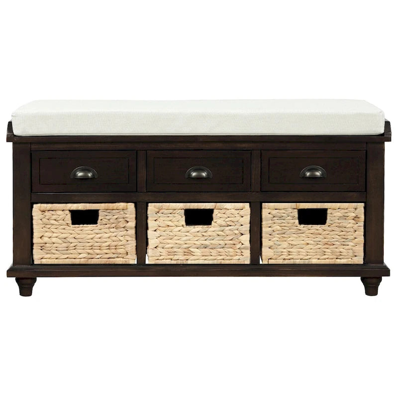 Banc de rangement en bois espresso avec coussin de siège, tiroirs et paniers en osier