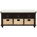 Banc de rangement en bois espresso avec coussin de siège, tiroirs et paniers en osier