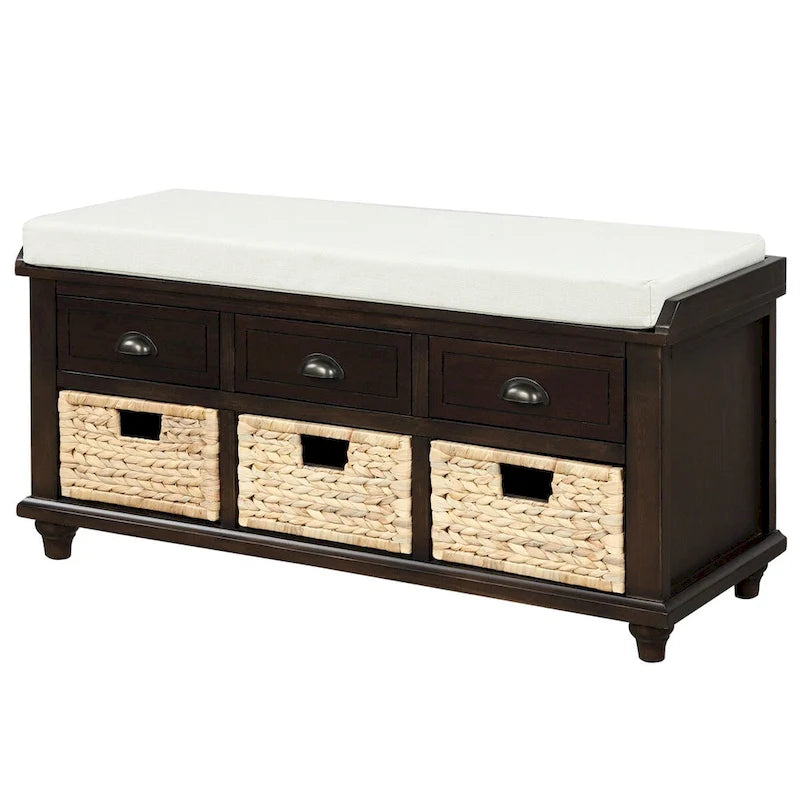 Banc de rangement en bois espresso avec coussin de siège, tiroirs et paniers en osier