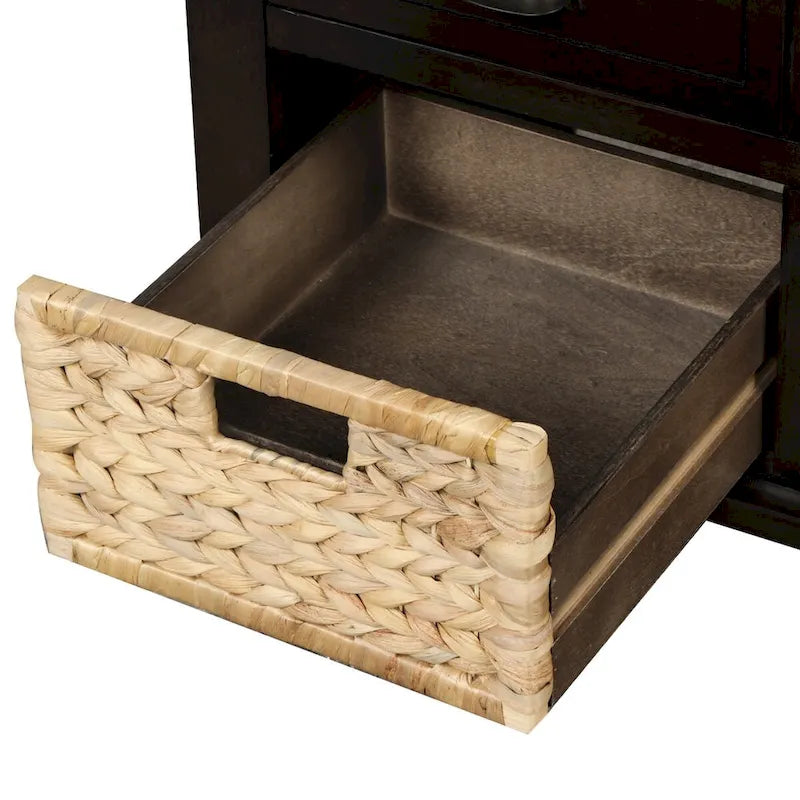 Banc de rangement en bois espresso avec coussin de siège, tiroirs et paniers en osier