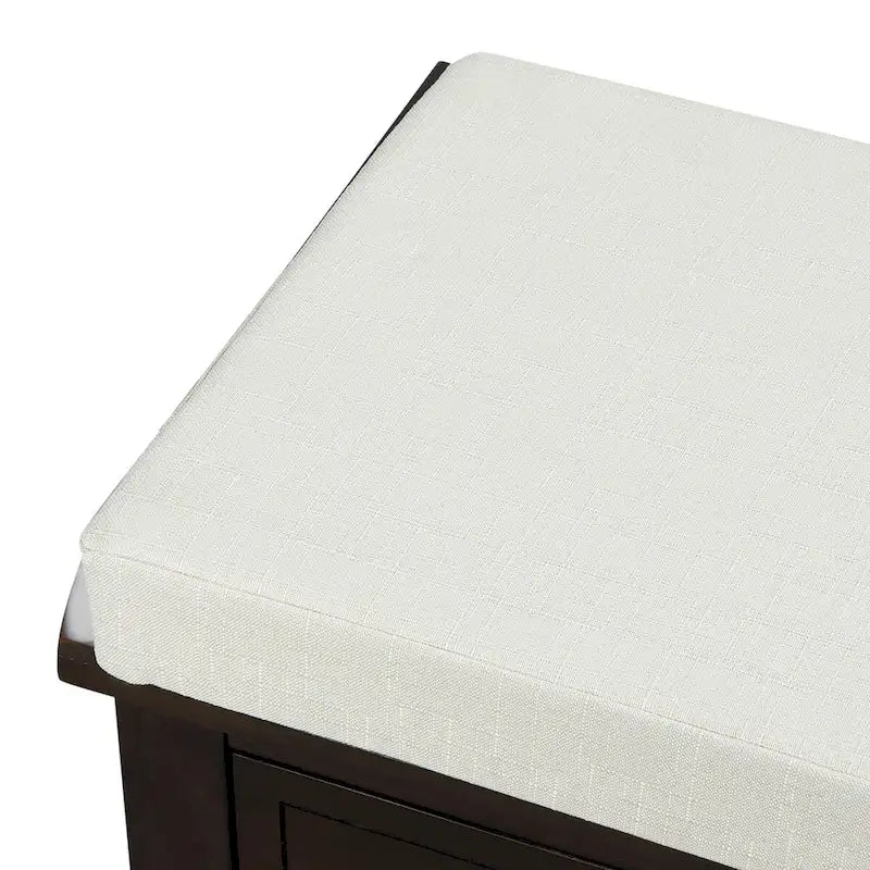 Banc de rangement en bois espresso avec coussin de siège, tiroirs et paniers en osier