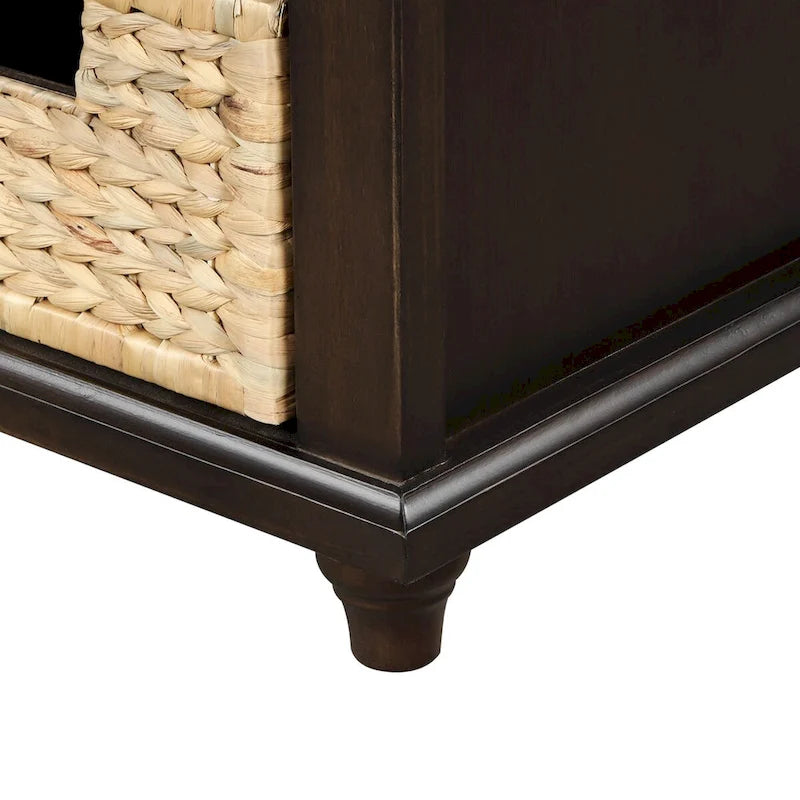 Banc de rangement en bois espresso avec coussin de siège, tiroirs et paniers en osier