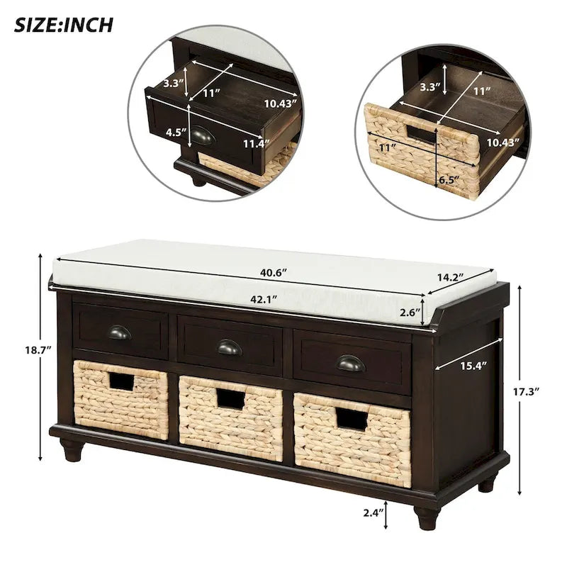 Banc de rangement en bois espresso avec coussin de siège, tiroirs et paniers en osier