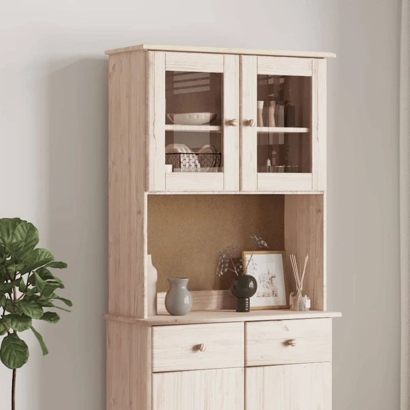 Vaisselier en bois de pin massif avec portes vitrées marron blanc