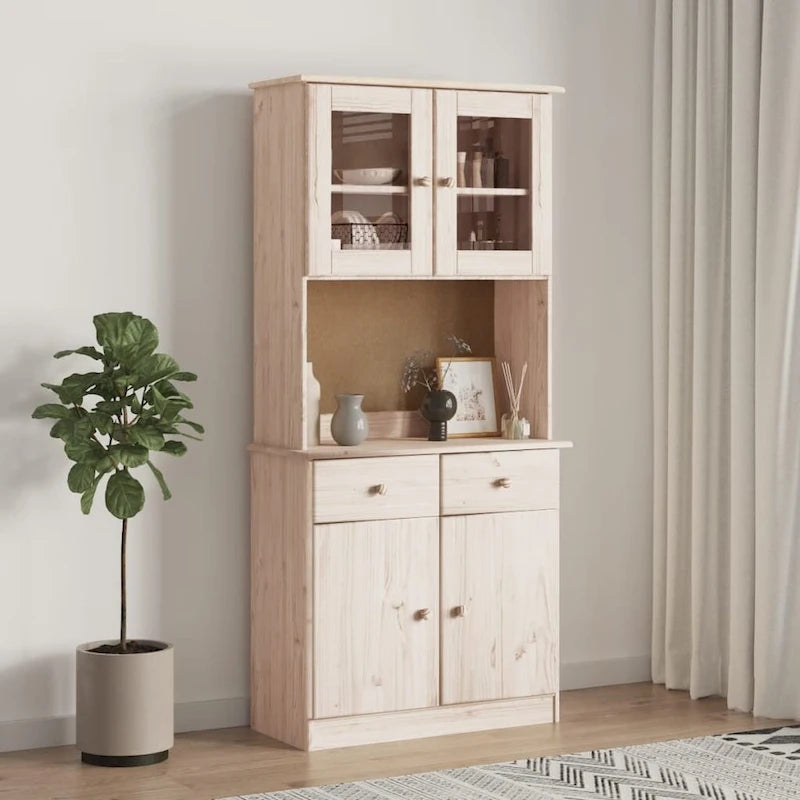 Vaisselier en bois de pin massif avec portes vitrées marron blanc