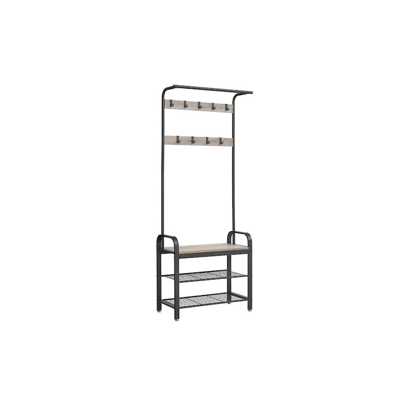 Meuble d'entrée/Porte-manteau de couloir gris-beige avec banc, rangement à chaussures et crochets