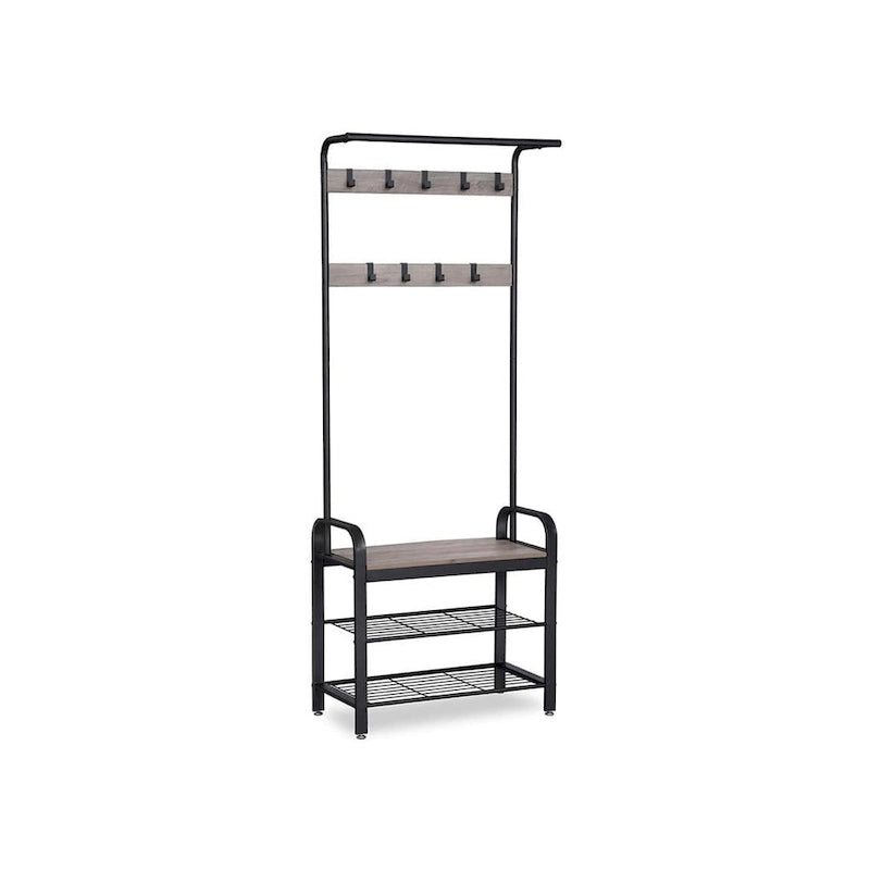 Grey-Black Hall Tree Entryway Storage Shelf with Wood Look Accent and Metal Frame - 13.3D x 28.3W x 72.1H