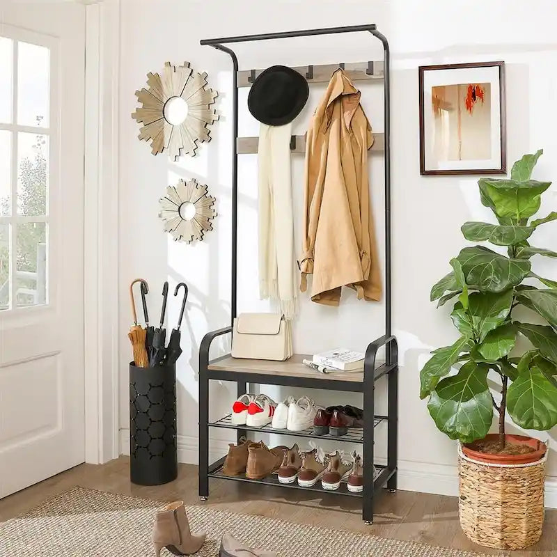 Meuble d'entrée/Porte-manteau de couloir gris-beige avec banc, rangement à chaussures et crochets