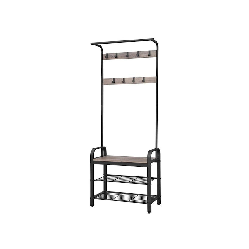 Meuble d'entrée/Porte-manteau de couloir gris-beige avec banc, rangement à chaussures et crochets