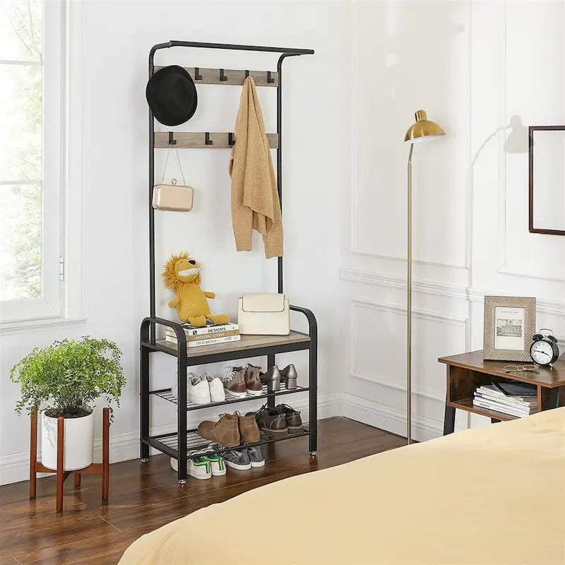 Meuble d'entrée/Porte-manteau de couloir gris-beige avec banc, rangement à chaussures et crochets