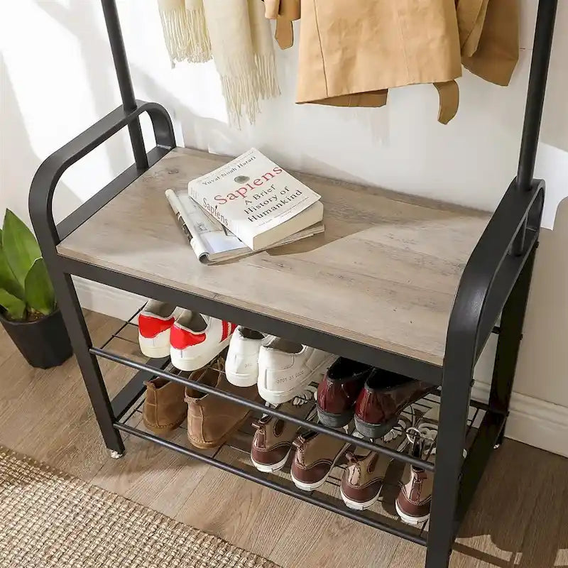 Meuble d'entrée/Porte-manteau de couloir gris-beige avec banc, rangement à chaussures et crochets