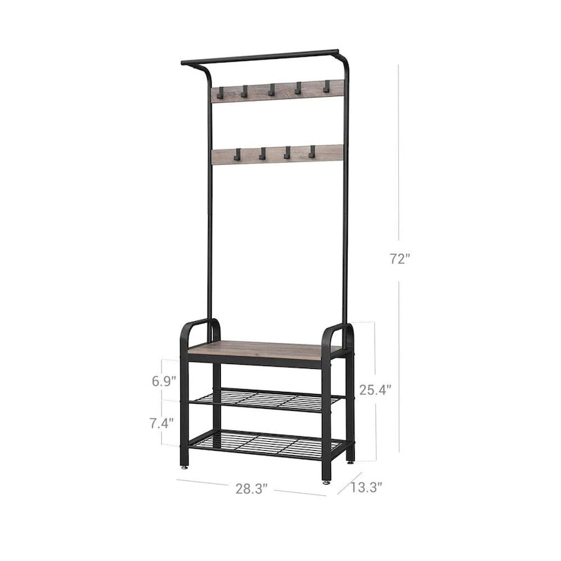 Meuble d'entrée/Porte-manteau de couloir gris-beige avec banc, rangement à chaussures et crochets