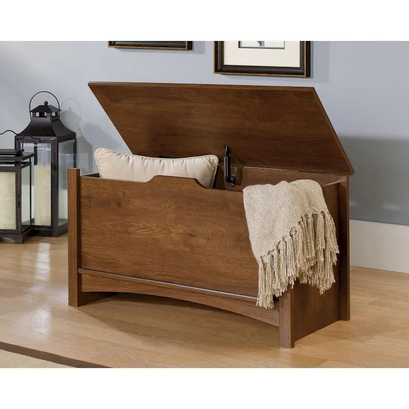 Coffre de rangement en bois avec couvercle et système de ventilation, finition bois Jamocha
