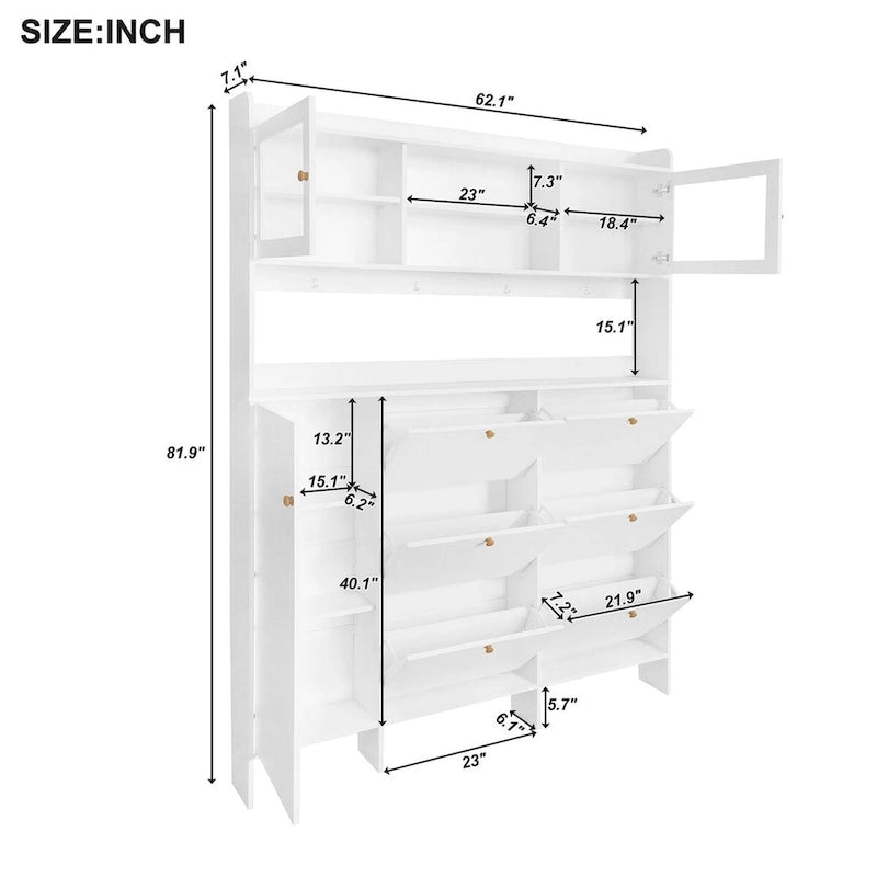 Meuble à chaussures multifonctionnel avec portes en verre trempé et tiroirs rabattables Blanc