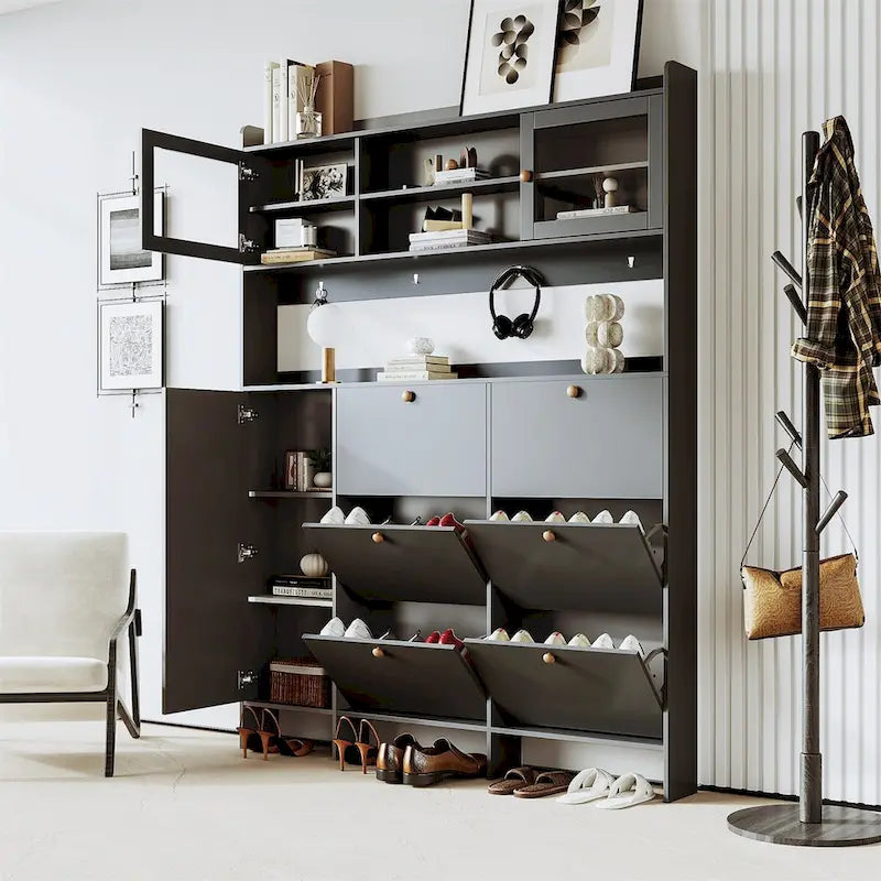 Meuble à chaussures multifonctionnel avec portes en verre trempé et tiroirs rabattables Blanc