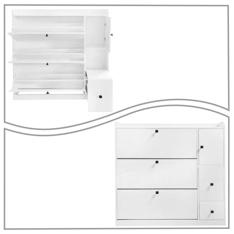 Meuble à chaussures d'entrée avec tiroirs basculants, siège rabattable et armoire latérale
