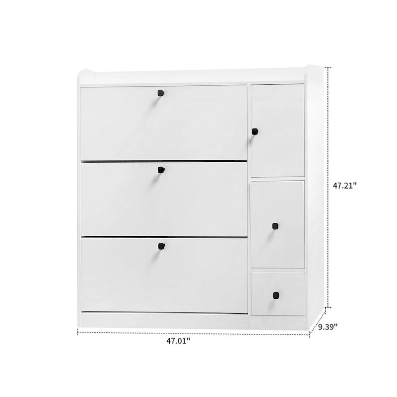 Meuble à chaussures d'entrée avec tiroirs basculants, siège rabattable et armoire latérale