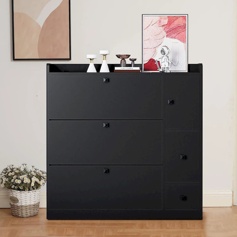 Meuble à chaussures d'entrée avec tiroirs basculants, siège rabattable et armoire latérale