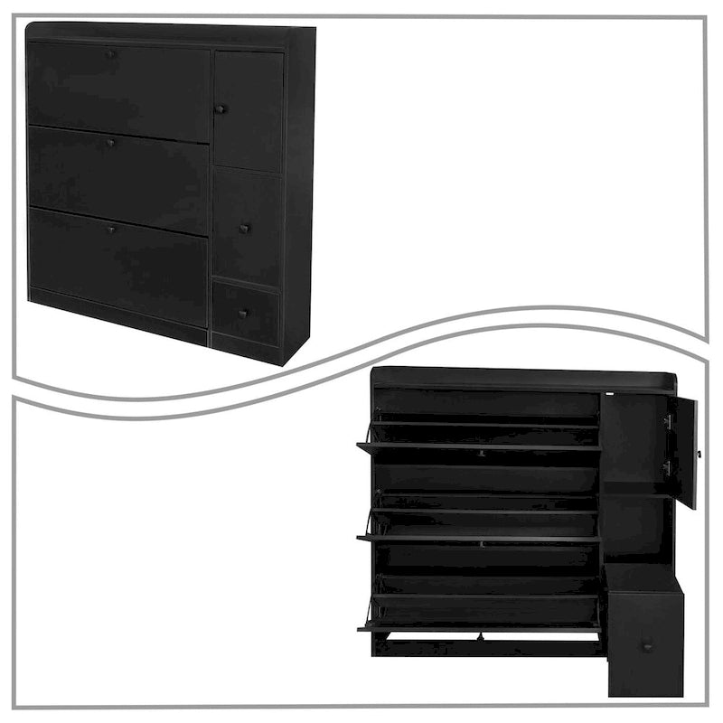 Meuble à chaussures d'entrée avec tiroirs basculants, siège rabattable et armoire latérale