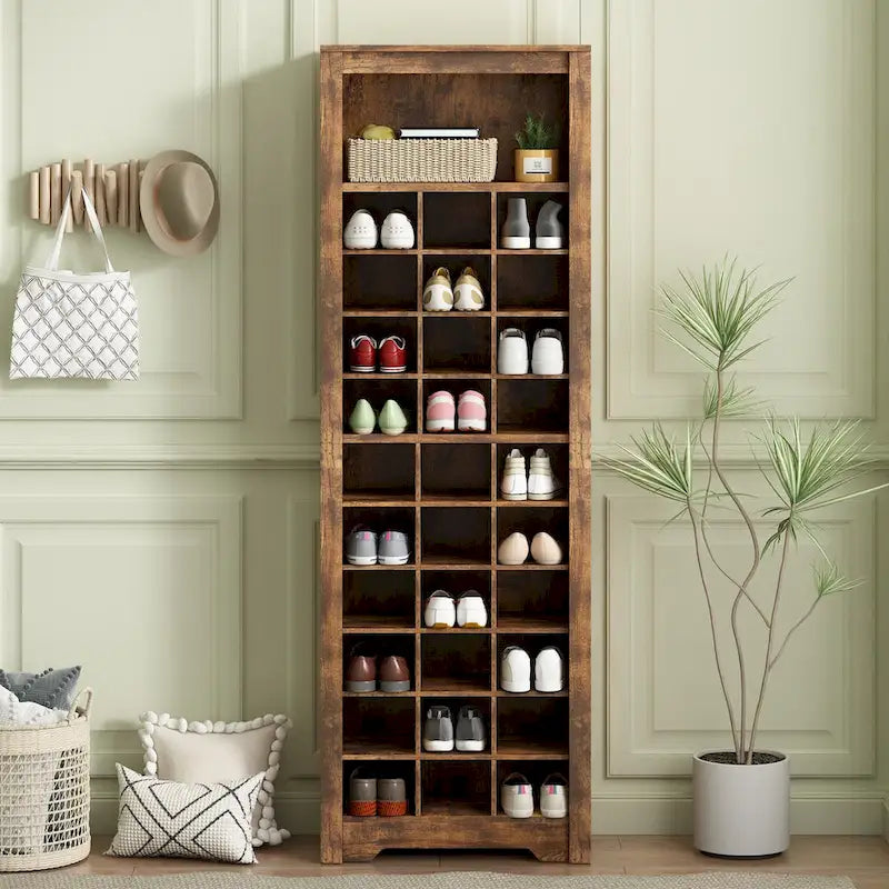 Meuble à chaussures haut 30 compartiments marron rustique noir rangement