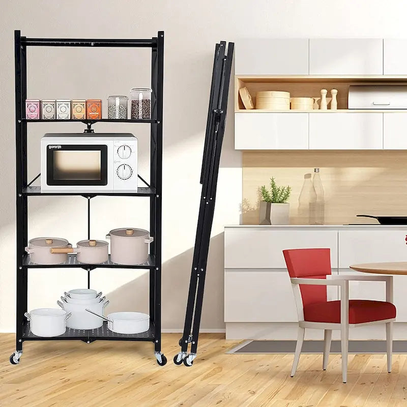 Étagère de rangement pliable en métal à 5 niveaux avec roulettes, robuste, noire