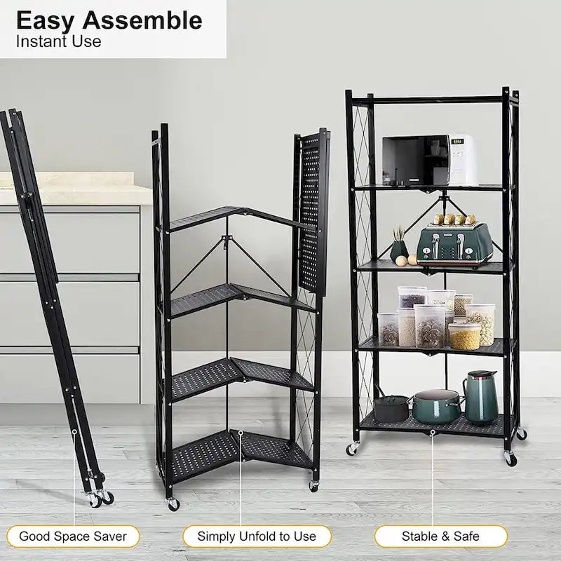 Étagère de rangement pliable en métal à 5 niveaux avec roulettes, robuste, noire