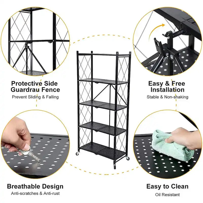 Étagère de rangement pliable en métal à 5 niveaux avec roulettes, robuste, noire