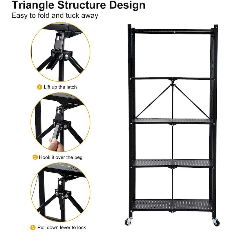 Étagère de rangement pliable en métal à 5 niveaux avec roulettes, robuste, noire