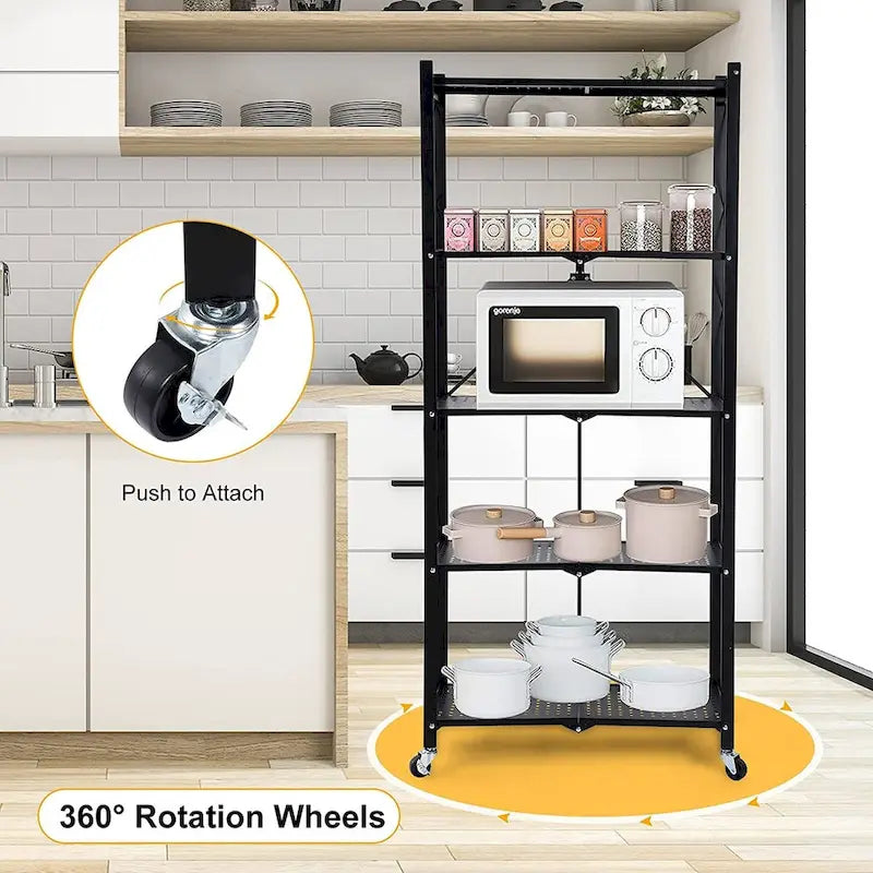 Étagère de rangement pliable en métal à 5 niveaux avec roulettes, robuste, noire