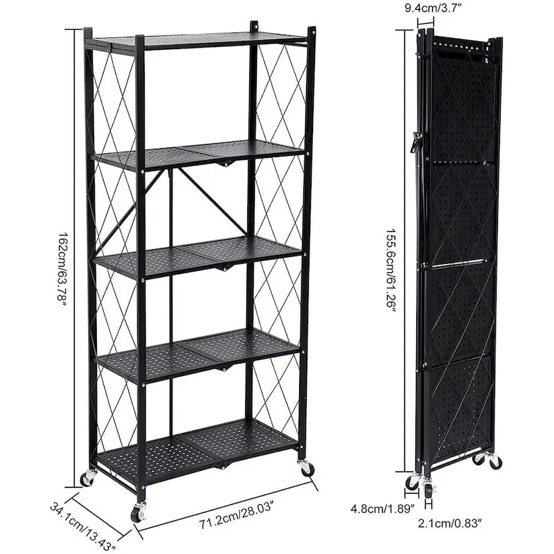 Étagère de rangement pliable en métal à 5 niveaux avec roulettes, robuste, noire