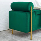 Banc coffre de rangement tapissé de velours avec accoudoirs roulés et pieds en fer doré, blanc vert beige