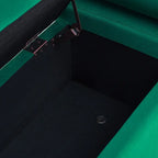 Banc coffre de rangement tapissé de velours avec accoudoirs roulés et pieds en fer doré, blanc vert beige