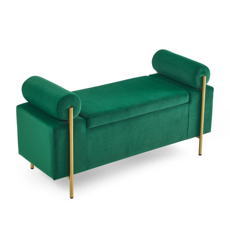 Banc coffre de rangement tapissé de velours avec accoudoirs roulés et pieds en fer doré, blanc vert beige