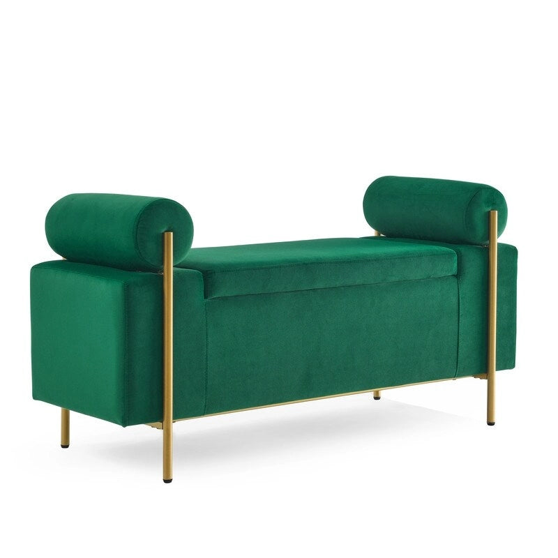 Banc coffre de rangement tapissé de velours avec accoudoirs roulés et pieds en fer doré, blanc vert beige
