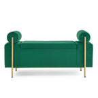 Banc coffre de rangement tapissé de velours avec accoudoirs roulés et pieds en fer doré, blanc vert beige