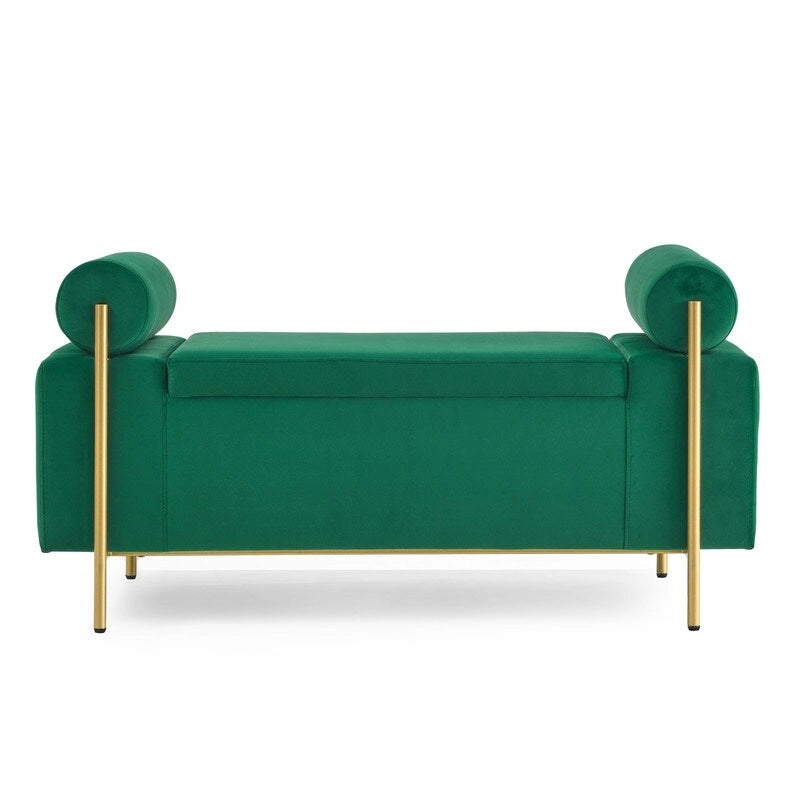 Banc coffre de rangement tapissé de velours avec accoudoirs roulés et pieds en fer doré, blanc vert beige