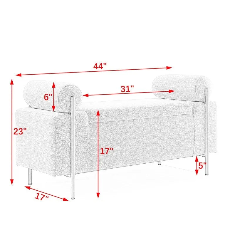 Banc coffre de rangement tapissé de velours avec accoudoirs roulés et pieds en fer doré, blanc vert beige