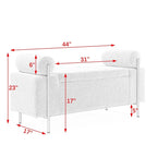 Banc coffre de rangement tapissé de velours avec accoudoirs roulés et pieds en fer doré, blanc vert beige